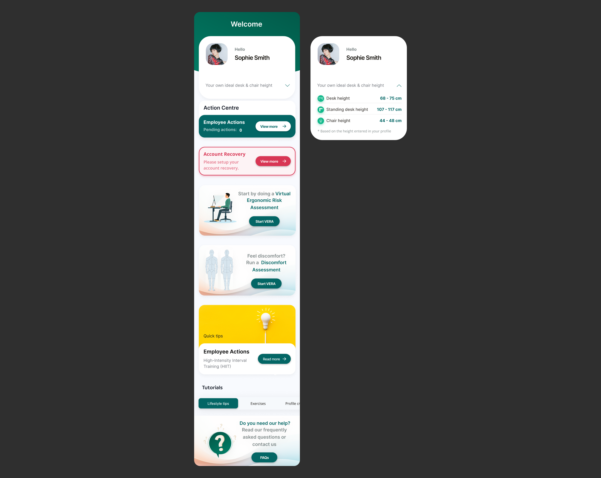Redesigned dashboard showing personalised greetings, ergonomic measurements and action centre