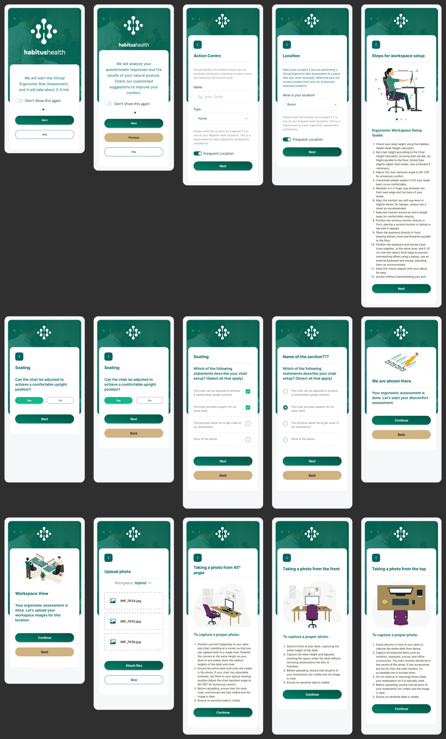 Workspace setup screen showing location identification form and ergonomic adjustment steps