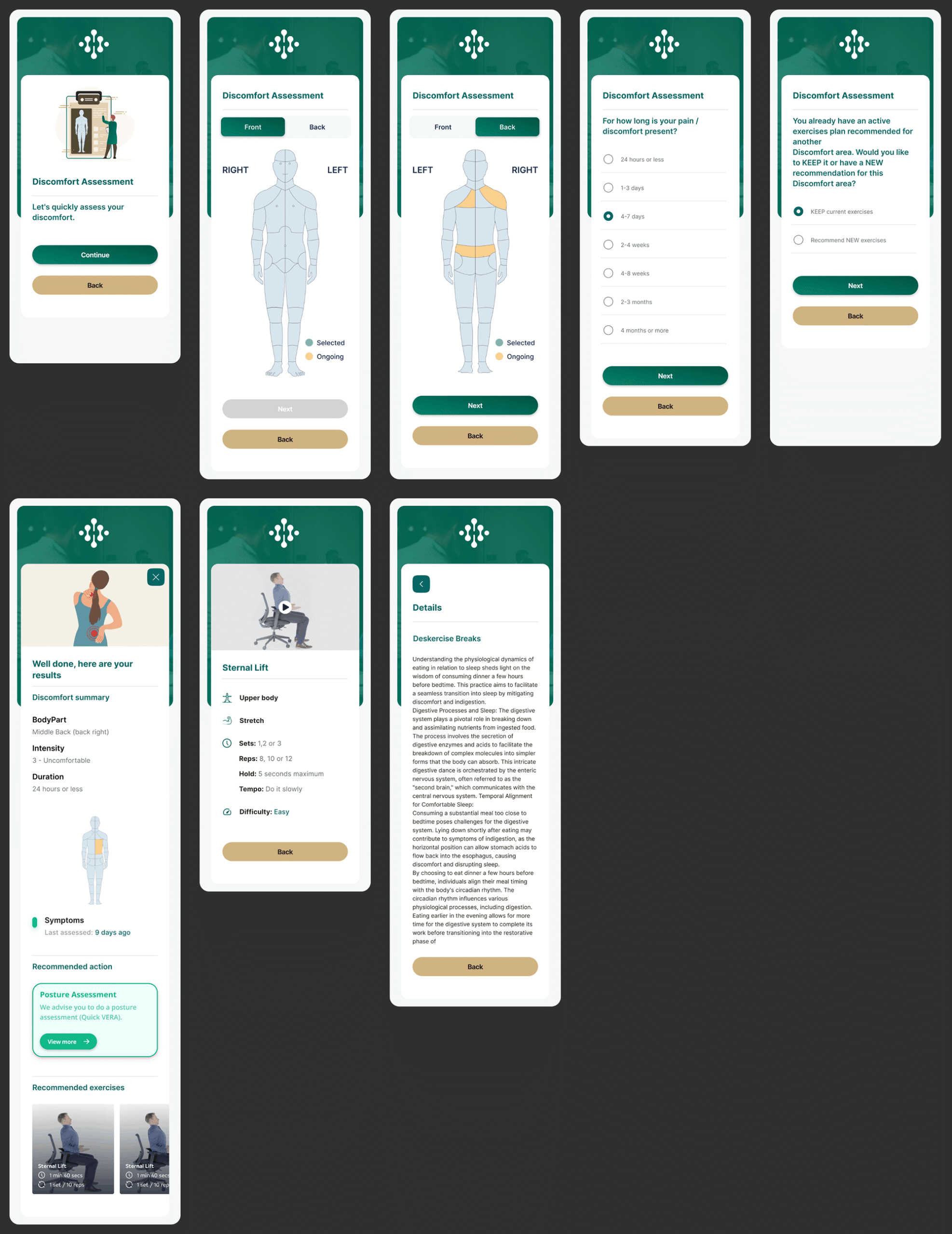 Discomfort assessment flow showing body area selection, duration questions and exercise recommendations