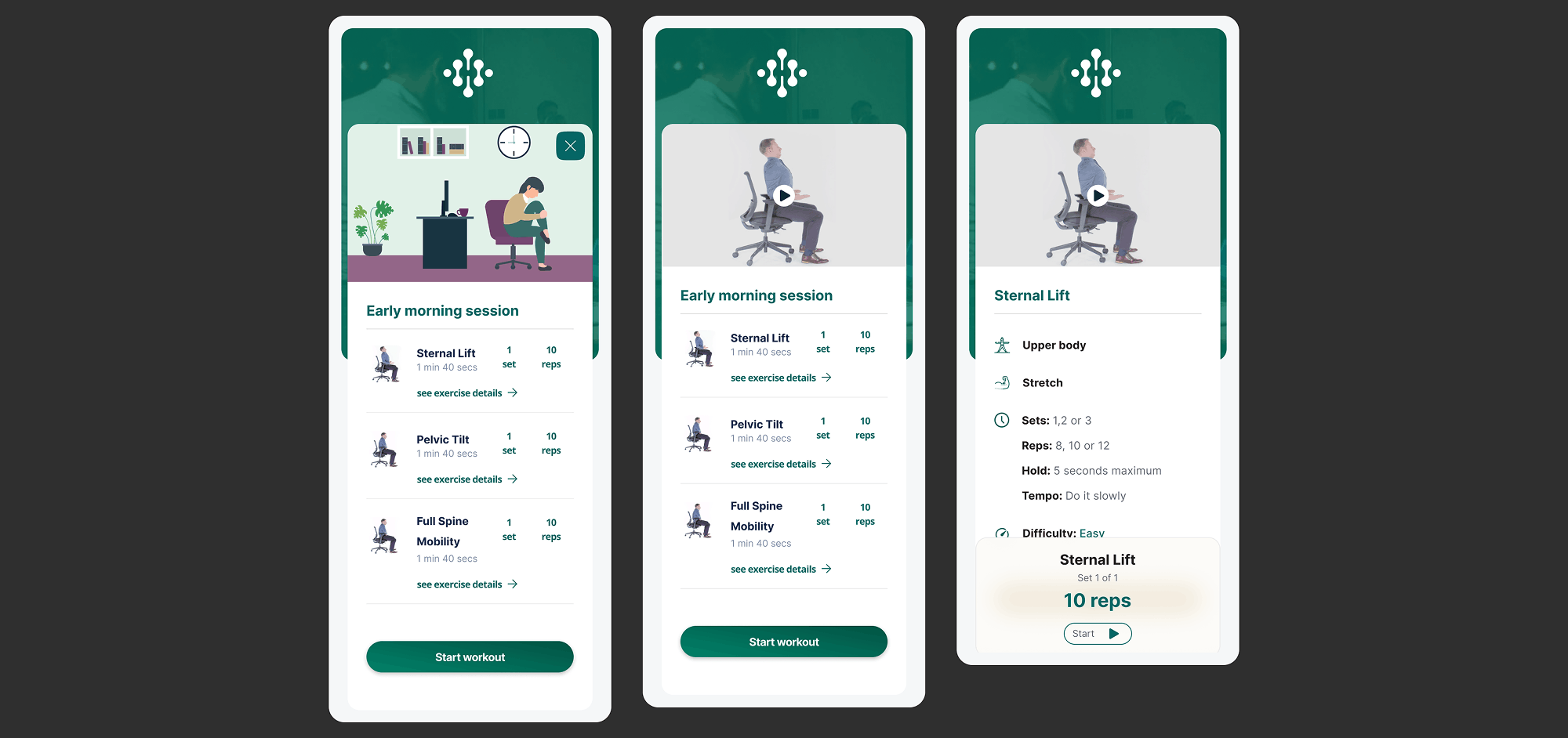 Early morning session screen showing a sequence of exercises with durations and detailed parameters