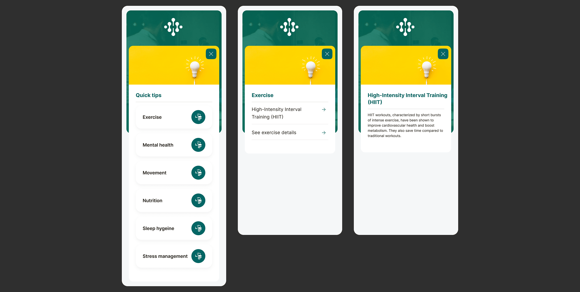 Quick tips screen showing wellness categories including exercise, mental health, movement, nutrition, sleep hygiene and stress management