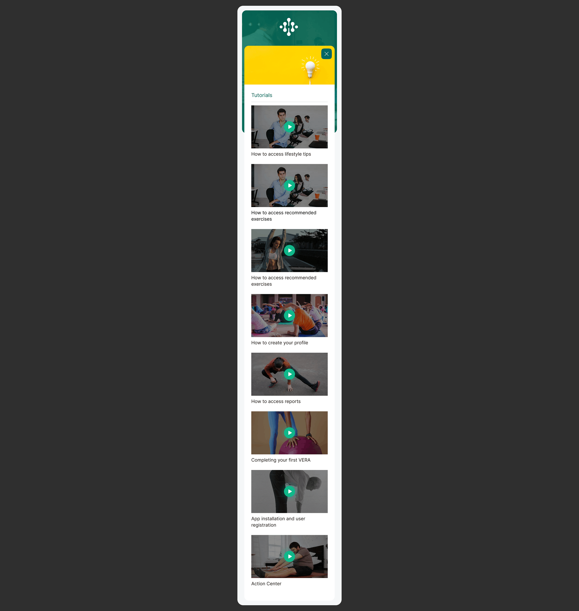 Tutorials screen showing list of guided topics including lifestyle tips, exercises, profile creation, reports, VERA completion, app installation and Action Center