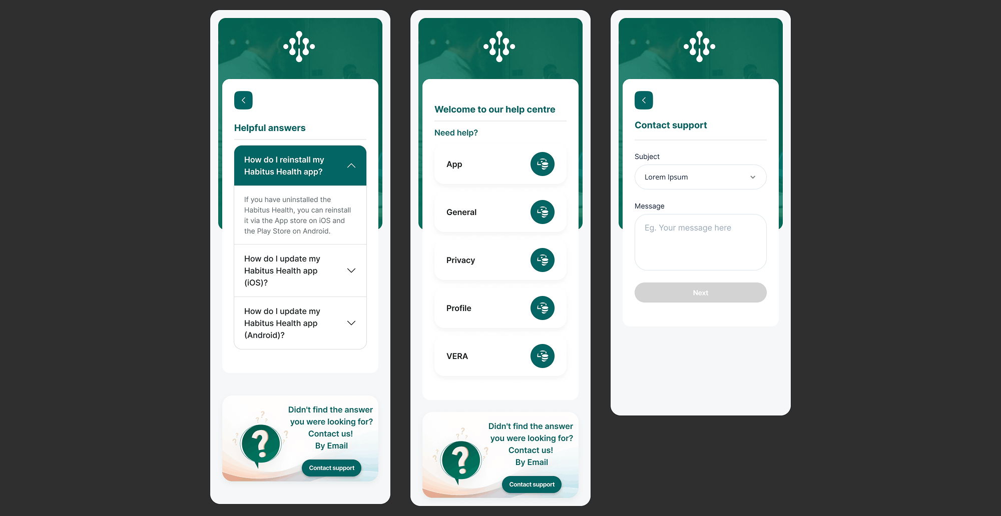 Helpful answers screen showing FAQ section, help centre categories (App, General, Privacy, Profile, VERA) and contact support form