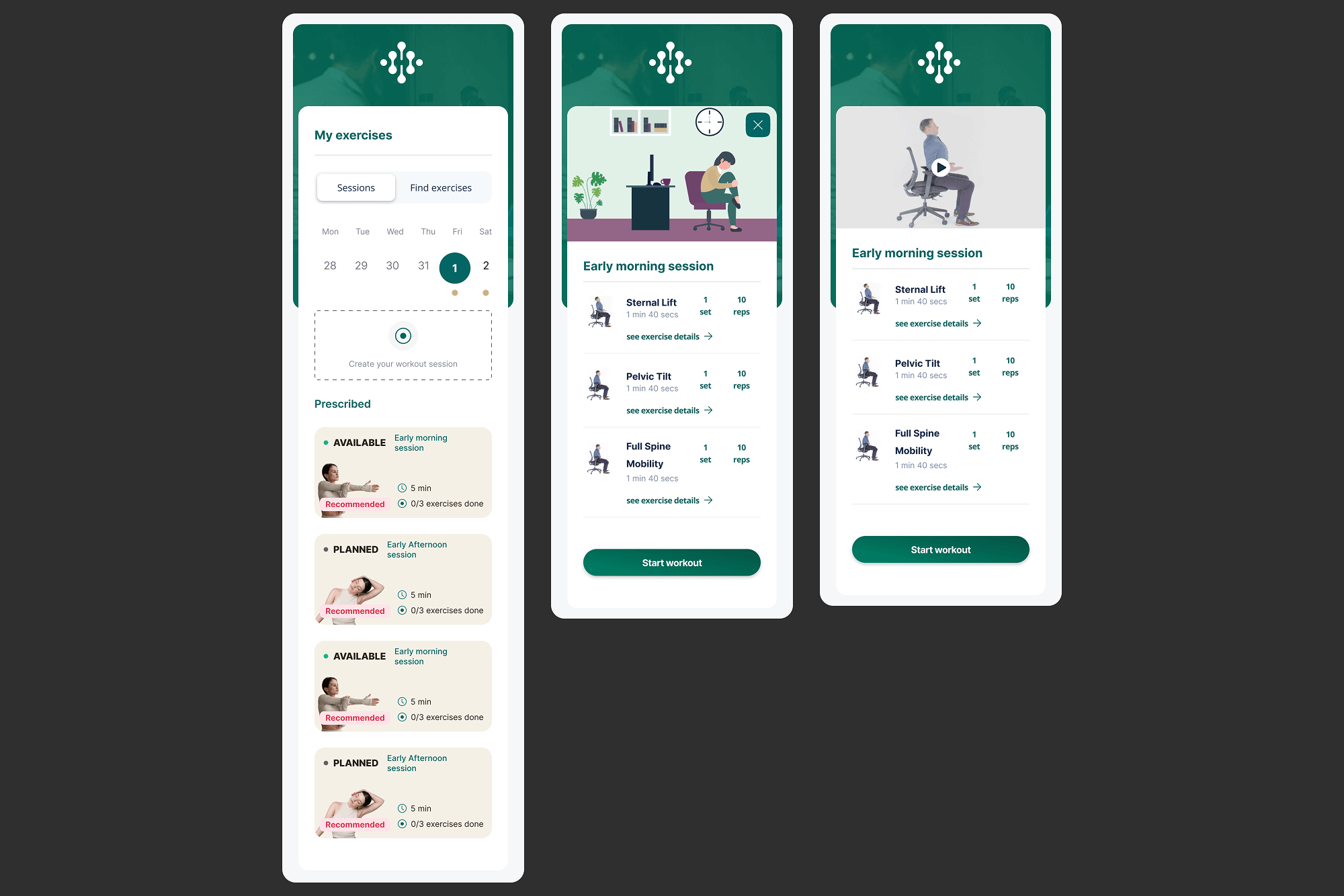 My exercises screen showing weekly calendar, session categories (Prescribed, AVAILABLE, PLANNED) and detailed exercise cards with sets and reps