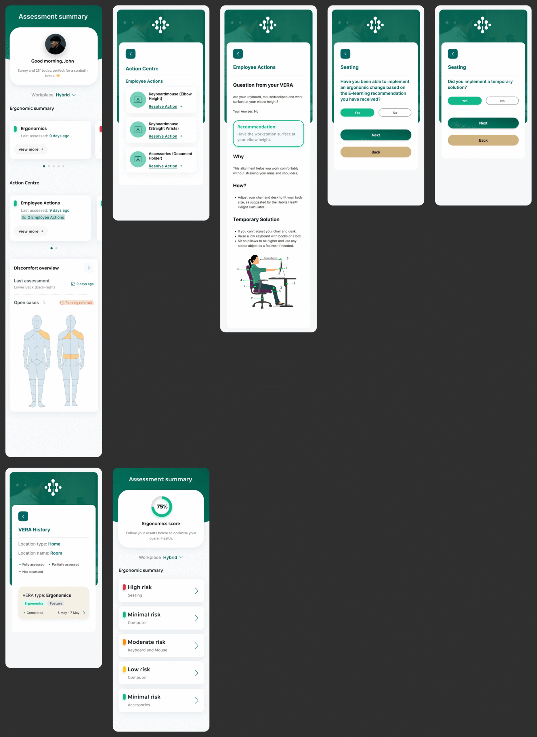 Assessment summary screen showing ergonomic summary, action centre, detailed recommendations, scaling questions, discomfort overview and VERA history