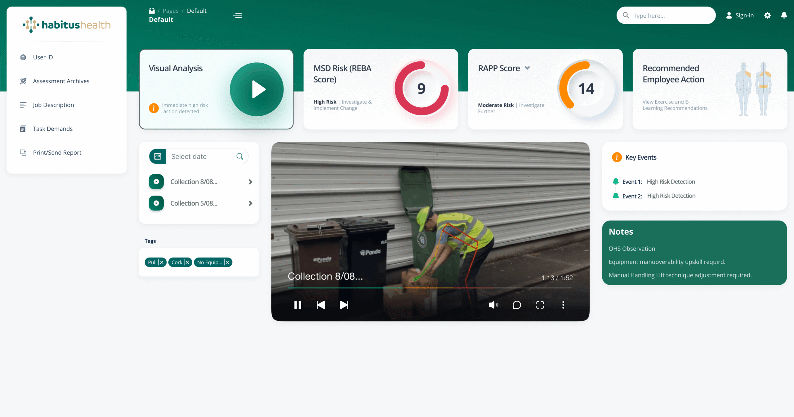 Ergonomic dashboard with timeline view showing key events and tagged observations