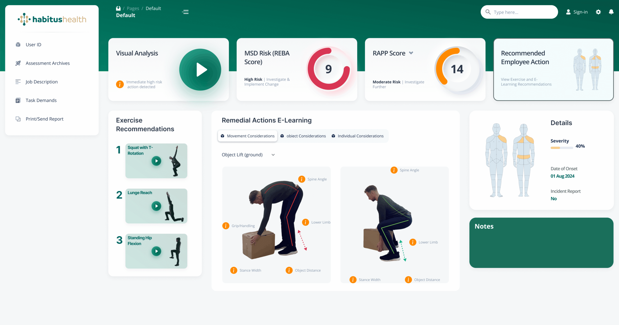Exercise and E-Learning recommendations screen showing specific exercises and remedial actions